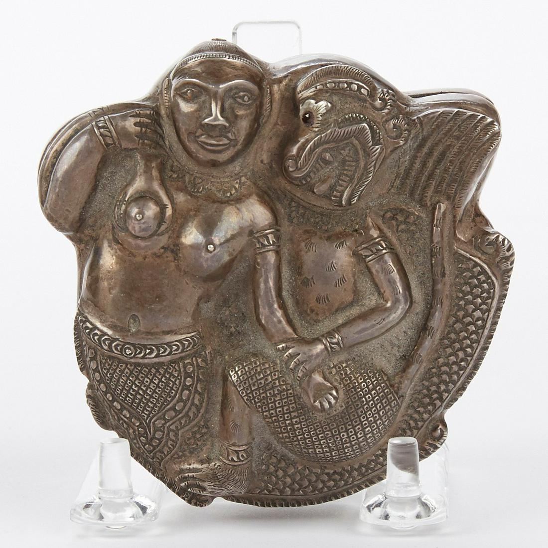 Thai Silver Box of Woman and Lecherous Monkey God w/: Thai silver box with the lid in the form of a lecherous monkey god and a woman. A fun gift for a bencharong collector. The monkey god has one semiprecious stone most likely garnet for an eye. The body