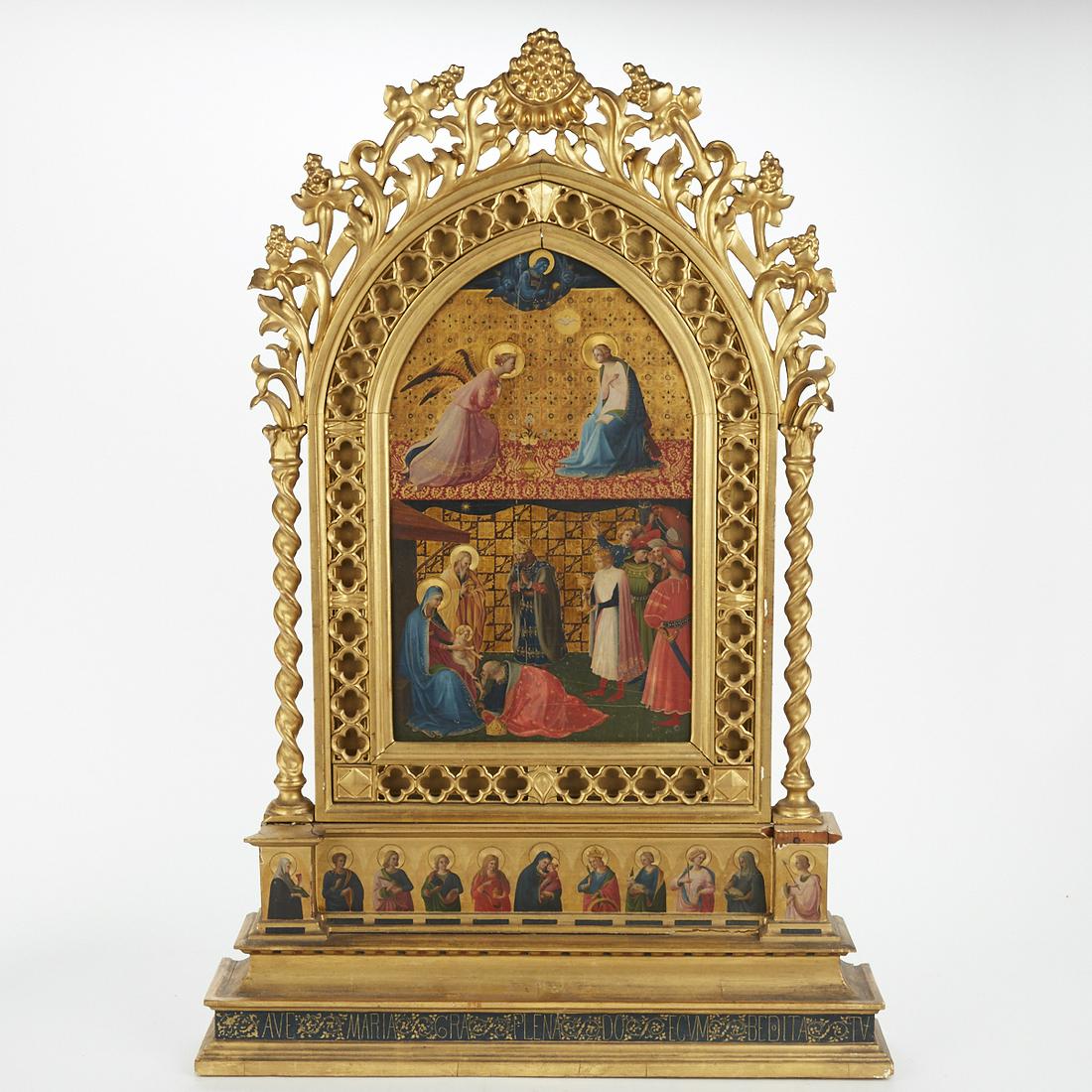 After Fra Angelico "The Annunciation and Adoration of: After Fra Angelico (born Guido di Pietro, 1395-1455). Tempera on gold painting on panel titled "The Annunciation and Adoration of the Magi." Embossed with a collector's red wax seal and seve