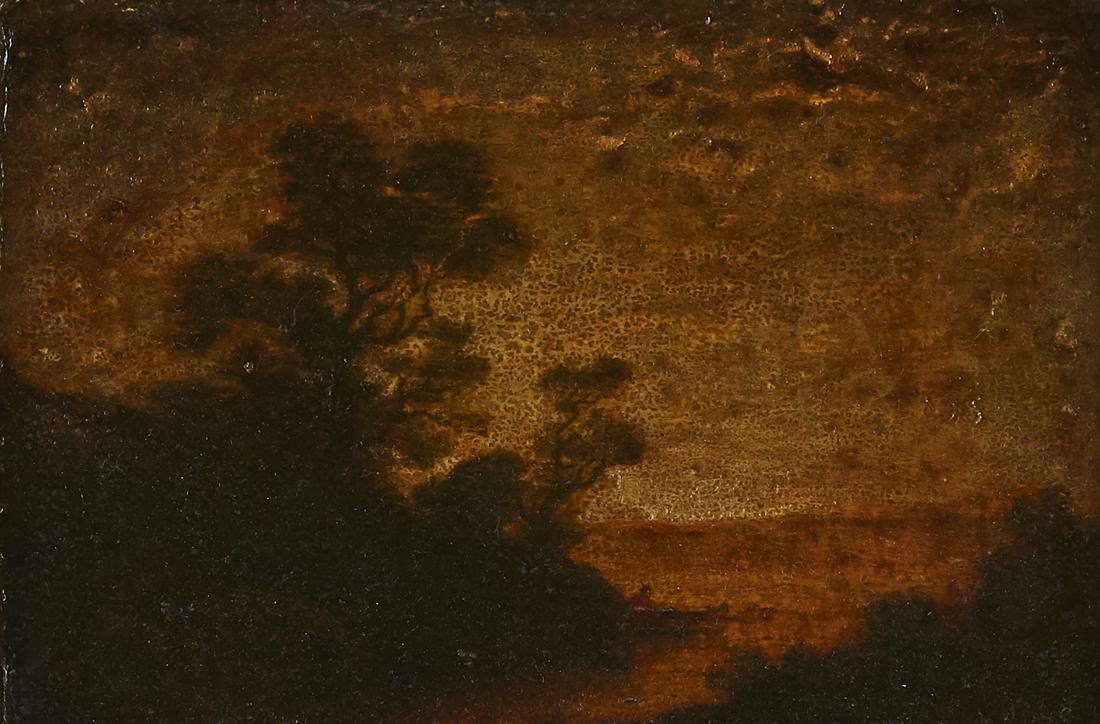 Attributed to Ralph Blakelock Twilight Landscape Oil on: Attributed to Ralph Albert Blakelock (1847-1919). Oil on panel depicting a figure in a boat on the water in a twilight landscape. Framed with an artist's nameplate marked "R. A. Blakelock, N.A." Accom