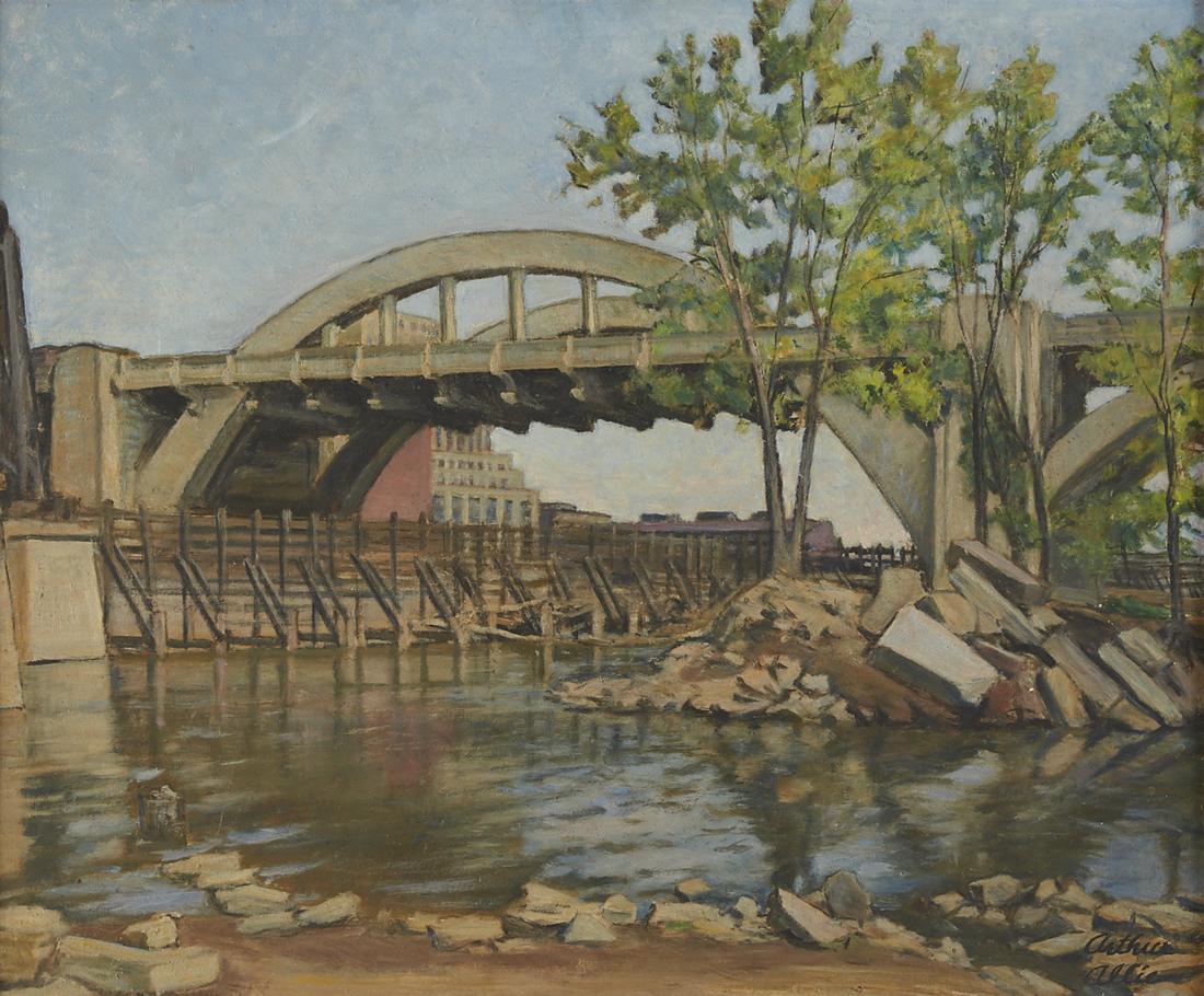 Arthur Allie St. Paul Painting on Board: Arthur Allie (1872-1953). Oil on board depicting the Robert street bridge in downtown St. Paul, Minnesota. Signed along the lower right. Unframed; height: 19 1/4 in x width: 23 1/2 in. Framed; height: