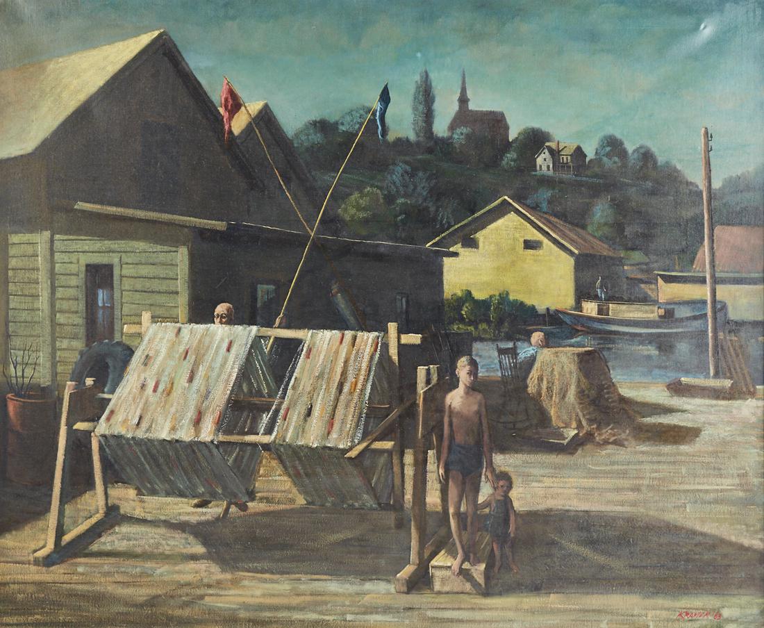 Paul Kramer Figures at Loom Oil on Canvas: Paul Kramer (1919-2012). Oil on canvas painting depicting several Minnesota figures near a loom outdoors. Signed and dated '63 along the lower right. Unframed; height: 38 in x width: 46 in. Framed; he