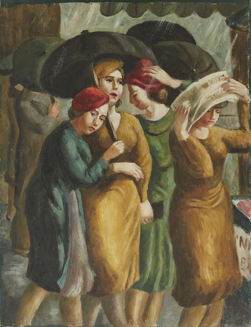 WPA Era Painting Women in the Rain Oil on Canvas: American School, Double Sided 20th Century unsigned WPA Era painting in oil on canvas depicting a group of women in the rain. Signed "'Ni Ex" along the lower right. A second painting along t