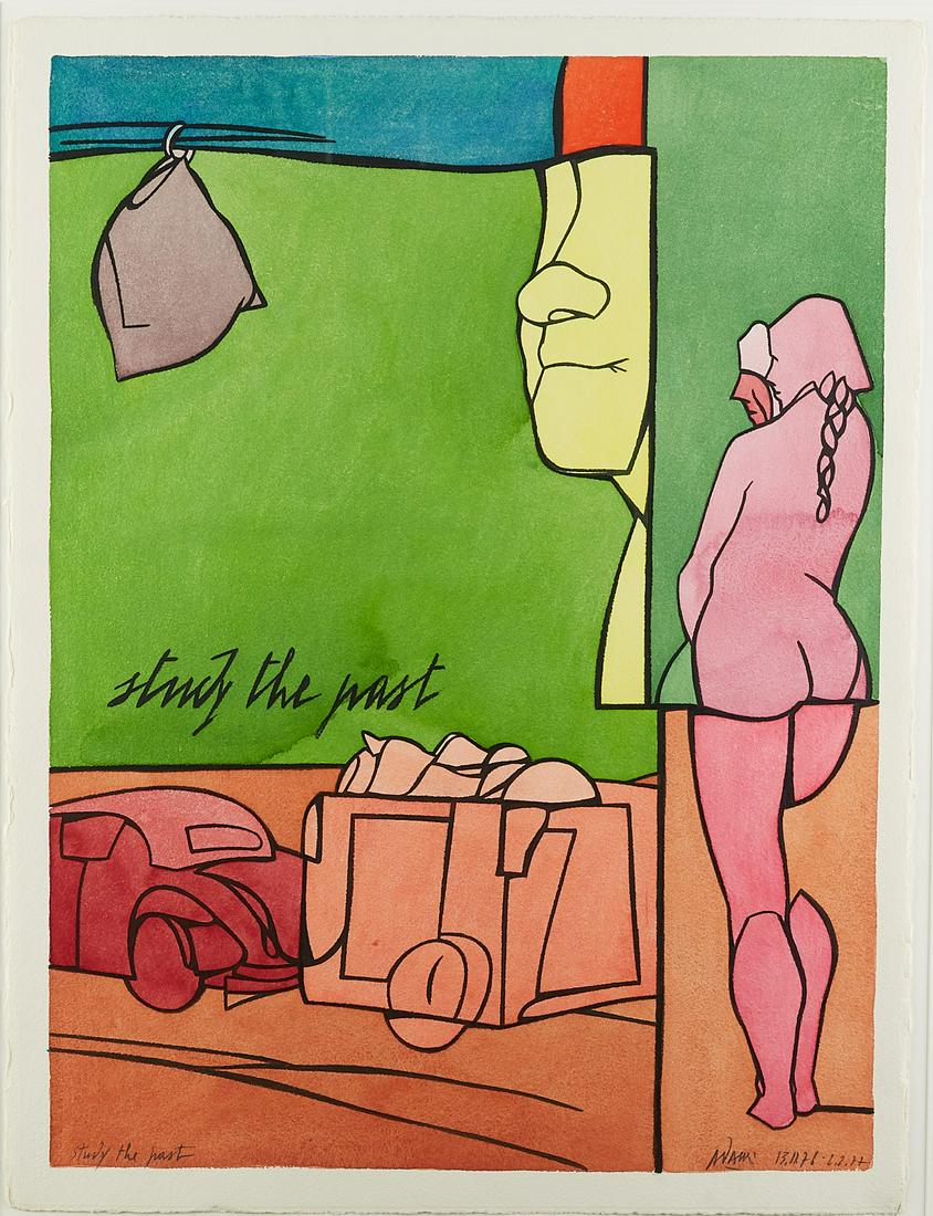 Valerio Adami "Study the Past" Watercolor on Paper: Valerio Adami (b. 1935). Watercolor on paper titled "Study the Past." Titled along the lower left; signed and dated 13.11.71-2.2.77 along the lower right. Sheet; height: 30 in x width: 22 1/2 in.