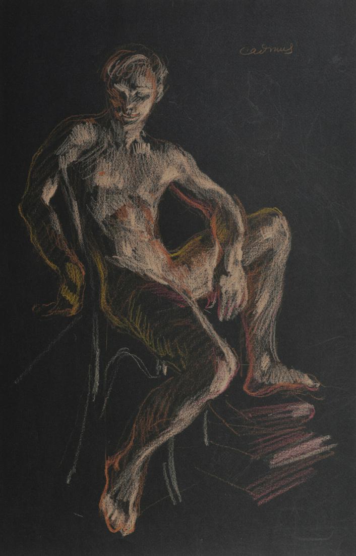 Paul Cadmus Seated Male Nude Crayon on Black Paper: Paul Cadmus (1904-1999). Drawing in crayon on black paper depicting a seated male nude, resting one foot on a pile of books. Cadmus makes use of the dark paper background to portray dramatic lighting
