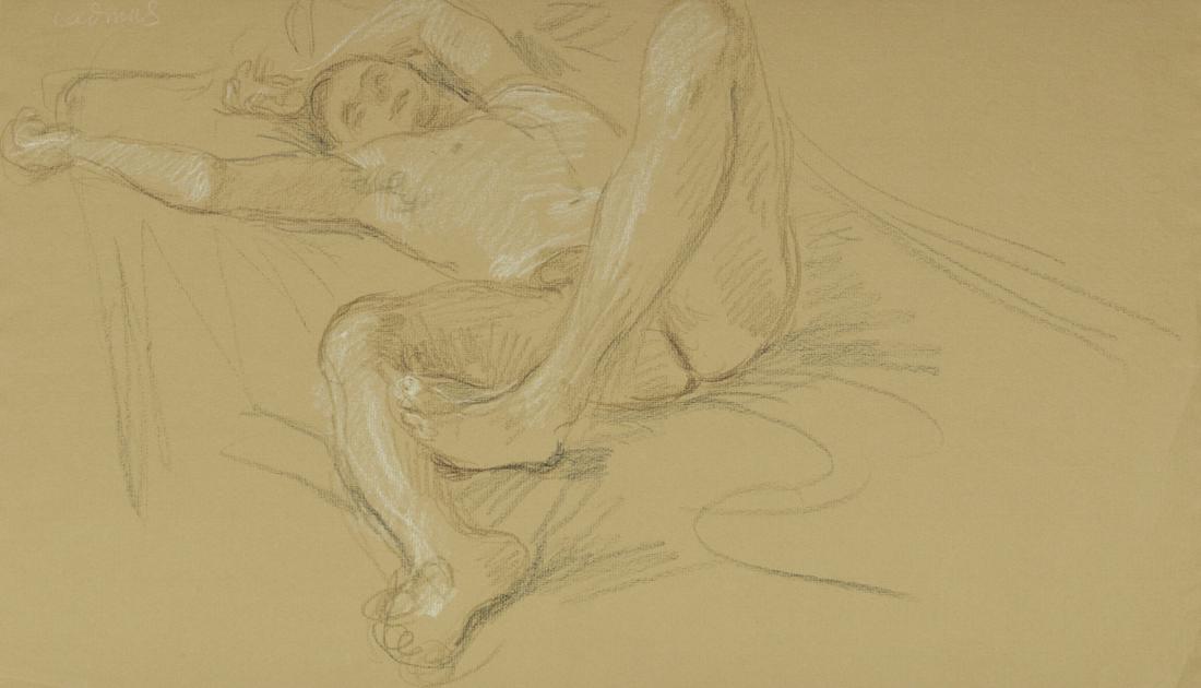 Paul Cadmus Reclining Male Nude Crayon on Paper: Paul Cadmus (1904-1999). Crayon sketch on paper depicting a nude male figure reclining on a bed. Signed in white crayon along the upper right. Provenance: Estate of Paul Cadmus (d. 1999) afterwards Jo