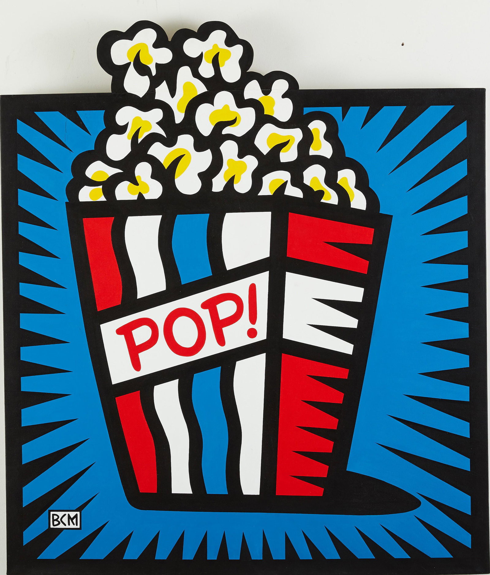 Burton Morris "POP!" Acrylic Painting: Burton Morris (b. 1964). Acrylic on canvas titled "POP!" depicting a bag of popcorn. Signed and dated 1998 along the verso. Provenance: Private collection, Minnesota Height: 42 in x width: 3