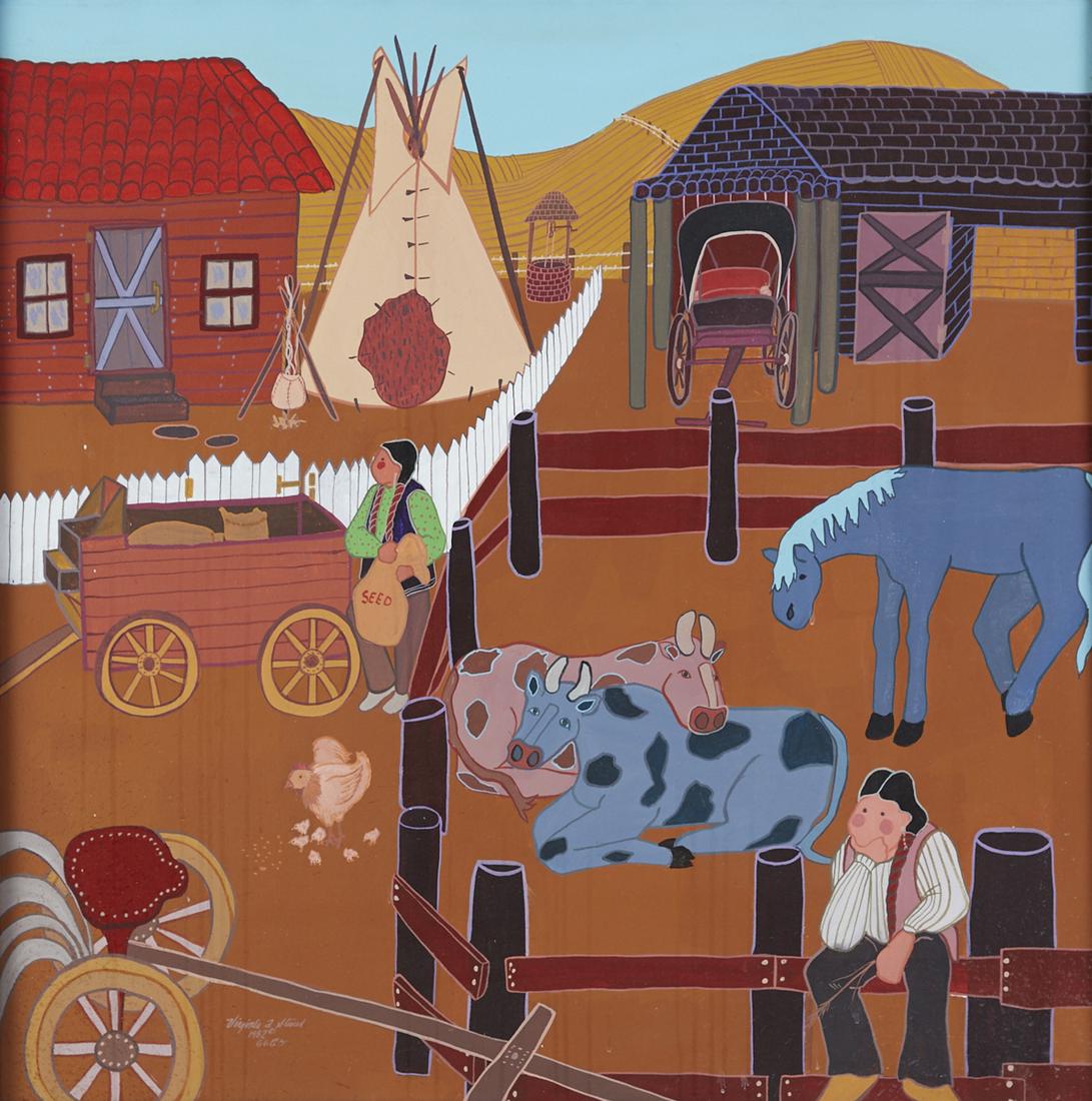 Virginia Stroud Oil on Canvas: Virginia Stroud (b. 1951). Southwestern oil on canvas painting depicting a Native American scene. Signed along the lower left and dated 1982. Unframed; height: 36 in x width: 36 in. Framed; height: 37