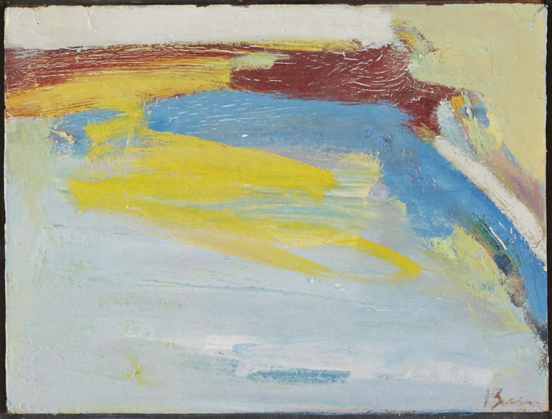 Peter Busa "Coastal Shift II" Oil on Board: Peter Busa (1914-1985). Oil on board painting titled "Coastal Shift II." Signed along the lower right. Further signed and titled along the verso. A Minneapolis Institute of Arts label is adh