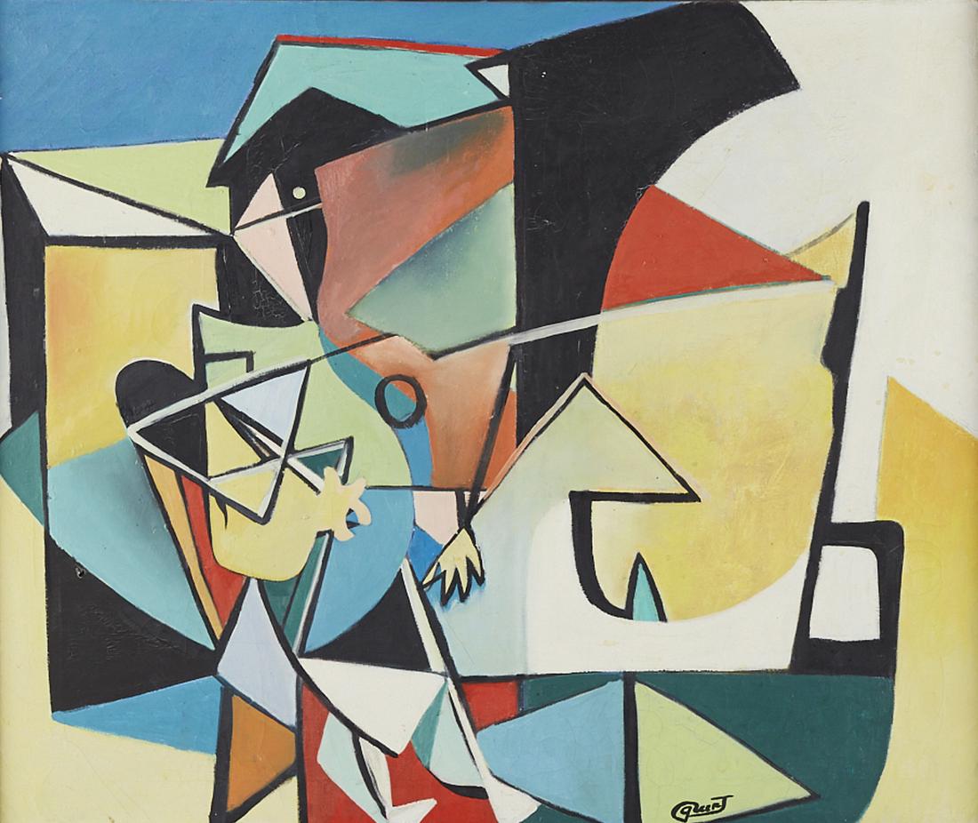 Walter Quirt Abstract Oil and Casein on Canvas: Walter Quirt (1902-1968). Cubist abstract composition painting in oil and casein on canvas,1949-50. Signed along the lower right. Further signed, dated, and inscribed "oil-casein" and "30 x 36" along 