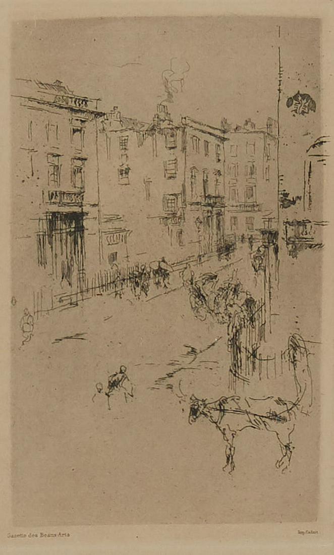 James McNeill Whistler Alderney Street Etching: James Abbott McNeill Whistler (1834-1903). Etching on paper titled "Alderney Street," for the Gazette des Beaux-Arts in 1881, later printing. Sight; height 7 1/2 in x width 4 3/4 in. Framed;