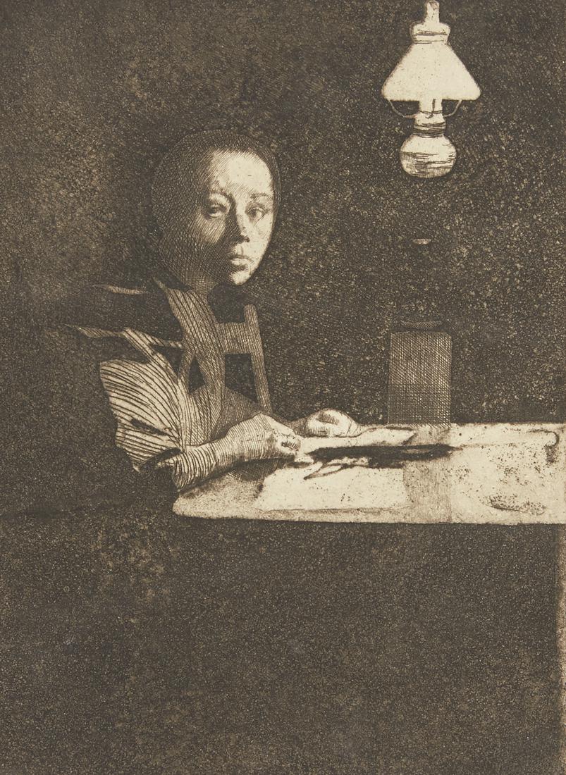 Kathe Kollwitz Self Portrait at Table Etching &: Kathe Kollwitz (1867-1945). Etching and aquatint on paper of the artist's self portrait seated at a table. Marked with Alexander von der Becke's three-line blindstamp which reads "Becke/Kunstverl
