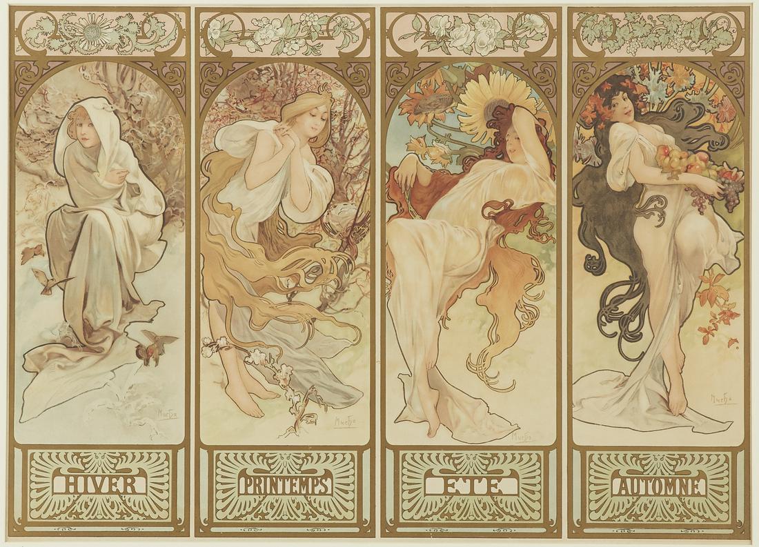 Alphonse Mucha "Seasons" Lithograph Print: Alphonse Mucha (1860-1939). Series of four color lithographs on paper titled "Seasons," 1897. This series, which depicts each of the four seasons as women, is one of several series Mucha created based