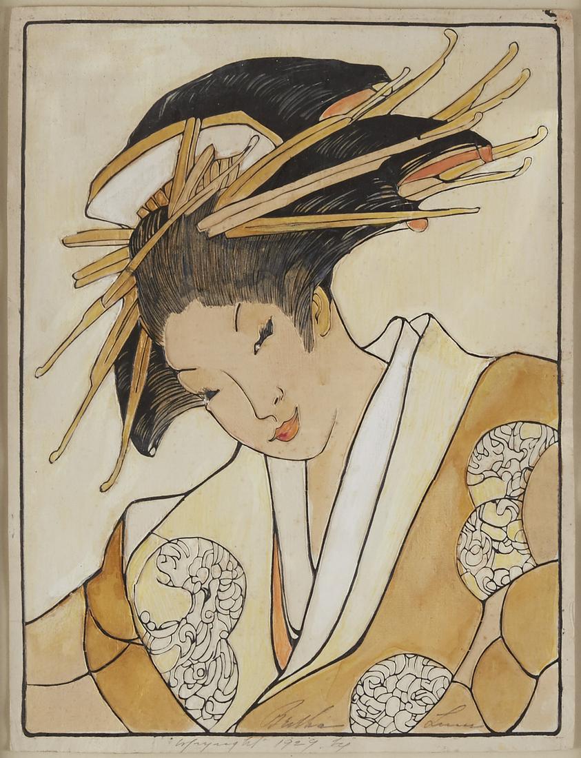 Bertha Lum Geisha Layered Block Print: Bertha Lum (1869-1954). Raised line, hand colored block print titled "Geisha," 1924. Pencil signed and dated with an illegible inscription along the lower center. Sight; height: 15 3/4 in x 