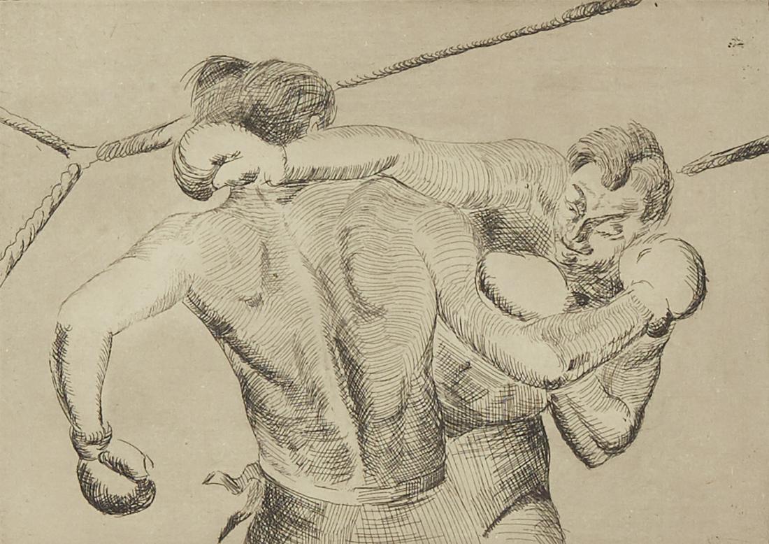 Clement Haupers "Round One" Etching: Clement Haupers (1900-1982). Etching on paper titled "Round One" depicting two boxers in the midst of a fight in the ring. Numbered 5/10 and titled along the lower left; signed along the low