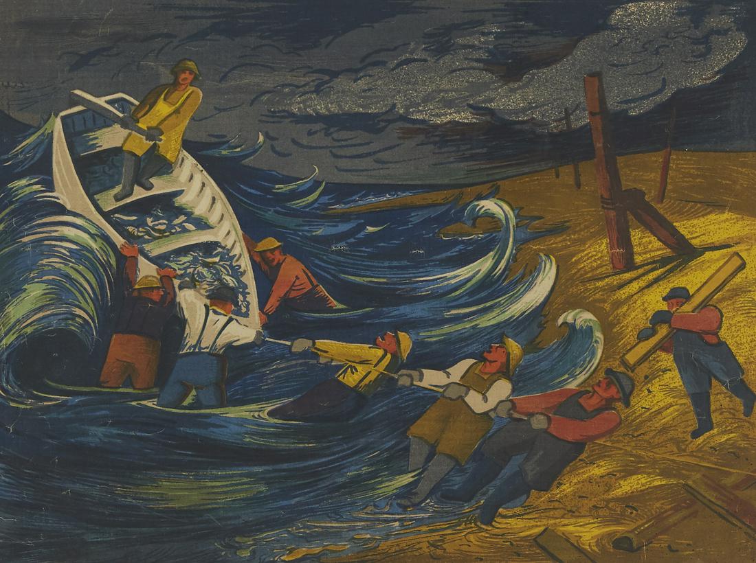 Harry Gottlieb "Fisherman's Luck" Color Lithograph: Harry Gottlieb (1895-1993). Color lithograph on paper titled "Fisherman's Luck," 1938, depicting a group of fishermen pulling a boat in from a storm. Pencil signed and dated along the lower