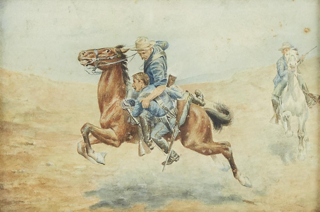 Charles Stephens American Early 20th c Western Cowboys: Charles H. Stephens (1864-1940). Watercolor on paper painting of a cowboy performing a rescue on horseback. Signed and dated along the lower right. The sheet was cut and dry mounted onto cardboard. Th