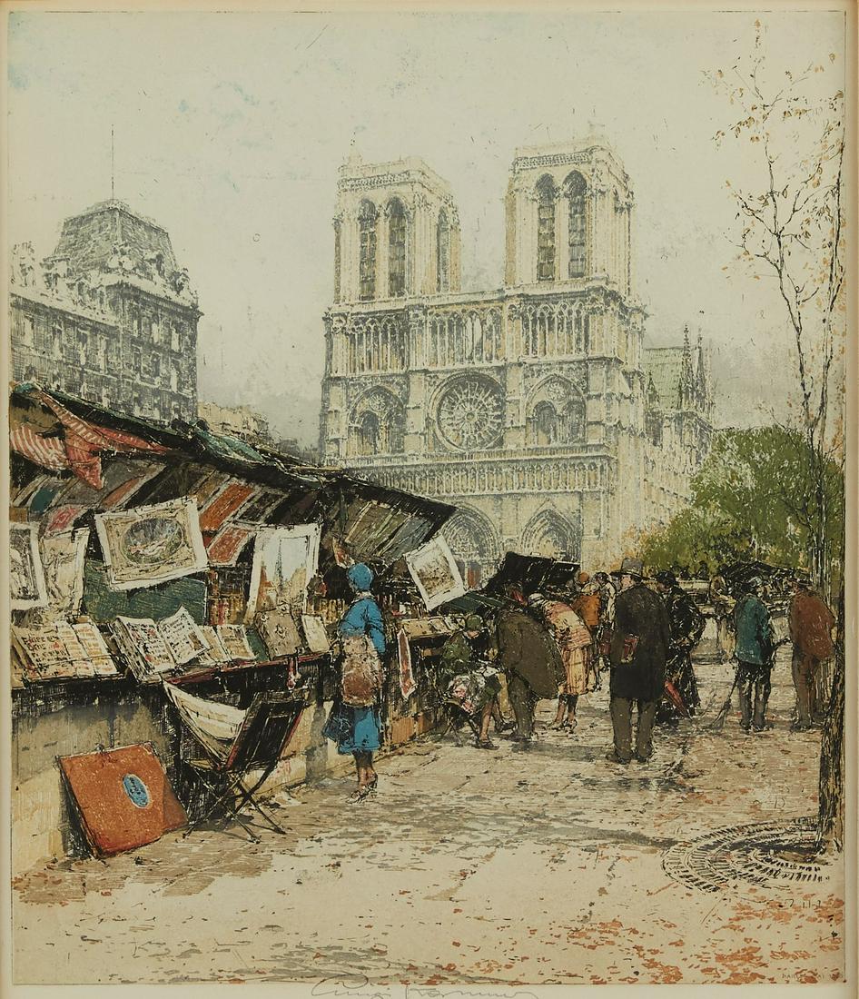 Luigi Kasimir Notre Dame Paris Etching: Luigi Kasimir (1881-1962). Etching on paper depicting street vendors in front of the Notre Dame cathedral in Paris, France. Pencil signed along the lower center. Sight; height: 18 1/2 in x width: 15 1