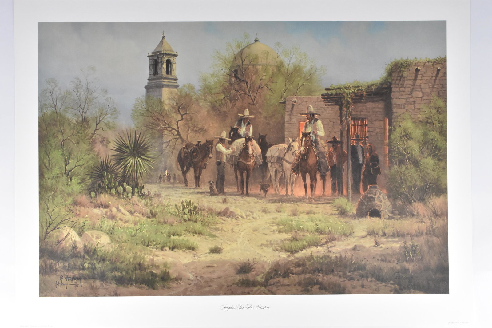 G. Harvey "Supplies for the Mission" Lithograph Art: G. Harvey (1933-2017). Offset lithograph on paper titled "Supplies for the Mission." Signed along the lower left and numbered 561/1000 along the lower right. With colophon and Affadavit of L