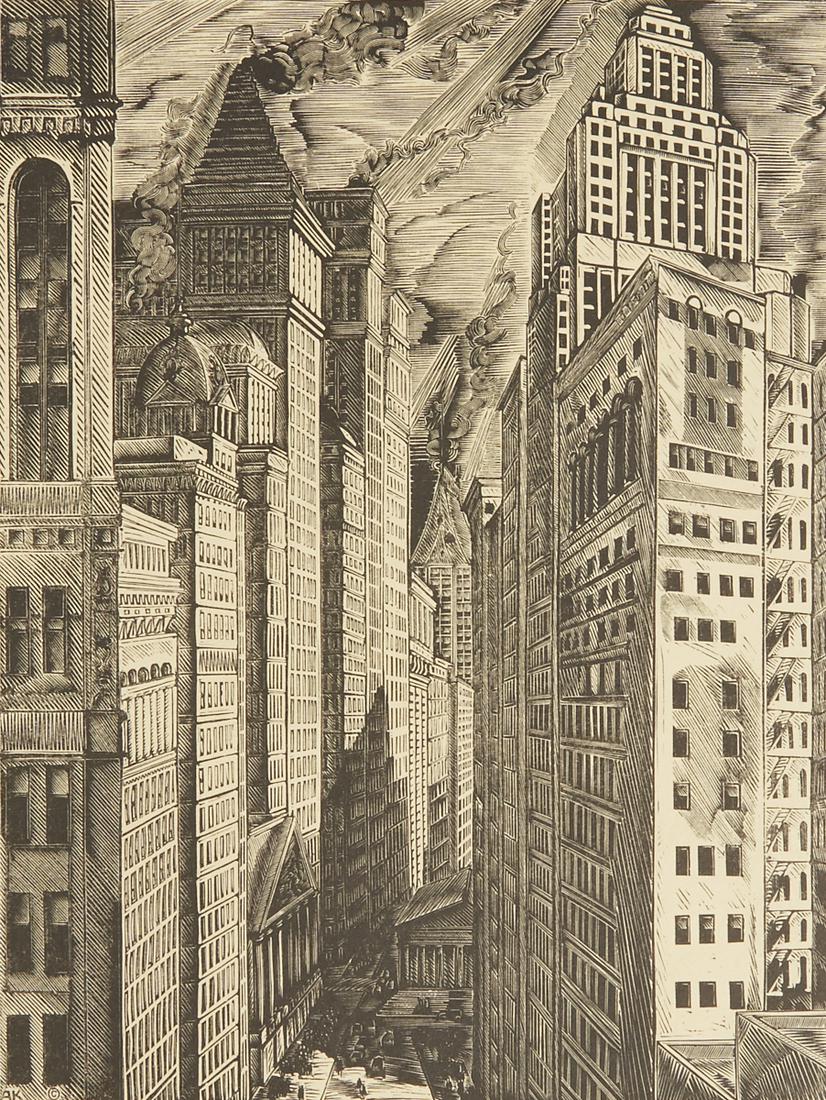 Deco Era Wood Engraving "Broad Street Canyon": Art Deco era wood engraving titled "Broad Street Canyon." Pencil signed "A. Kravchenko" along hte lower right and numbered 192/250 along the lower left. Titled along the lower righ