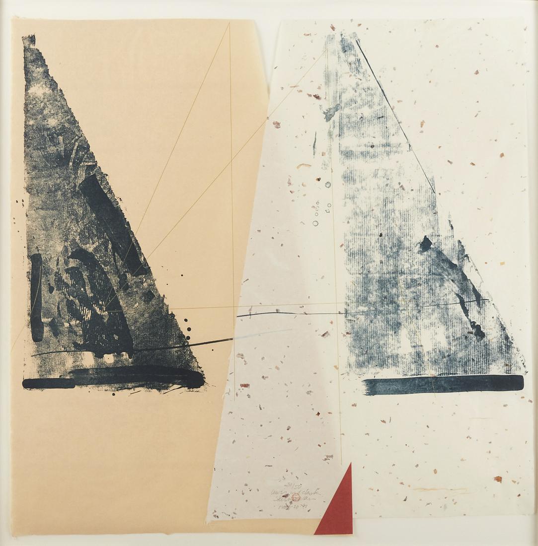 Steve Sorman "Lewis and Clark" Lithograph: Steve Sorman (b. 1948). Lithograph on paper titled "Lewis and Clark," depicting abstract triangular shapes in various colors. Numbered 30/50, titled, signed, and dated "6.28.78" in