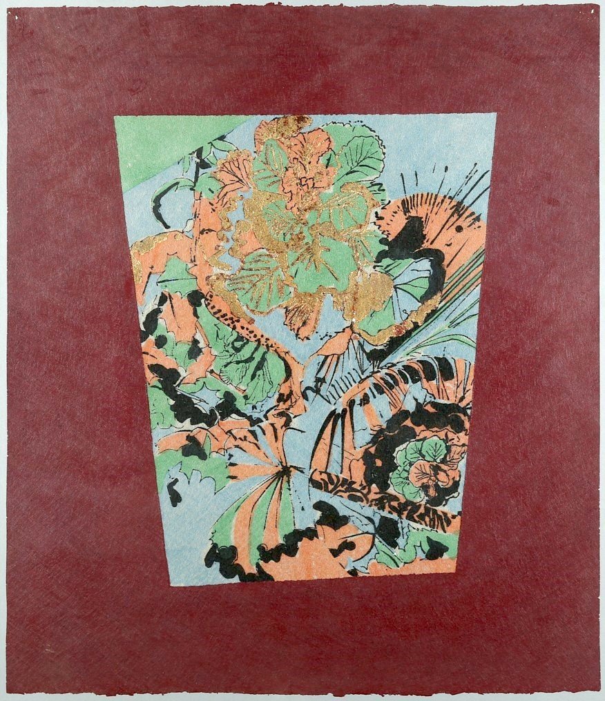 Stuart Nielsen "Cup" Woodcut Print on Paper: Stuart Nielsen (b. 1947). Woodcut on paper titled "Cup," depicting an abstracted cup with beautiful floral designs. Sight; height: 41 in x width: 35 in. Framed; height: 45 3/4 in x width: 40 in.