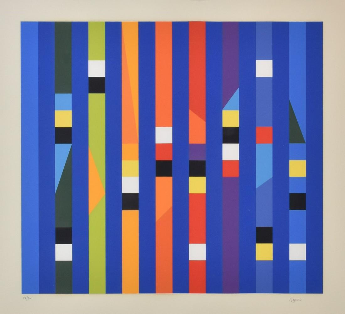 Yaacov Agam "Manpower" Silkscreen: Yaacov Agam (b. 1928). Silkscreen print on paper titled "Manpower." Signed along the lower right and numbered 85/90 lower left.Sight; height: 19 1/2 in x width: 21 1/2 in. Framed; height: 29