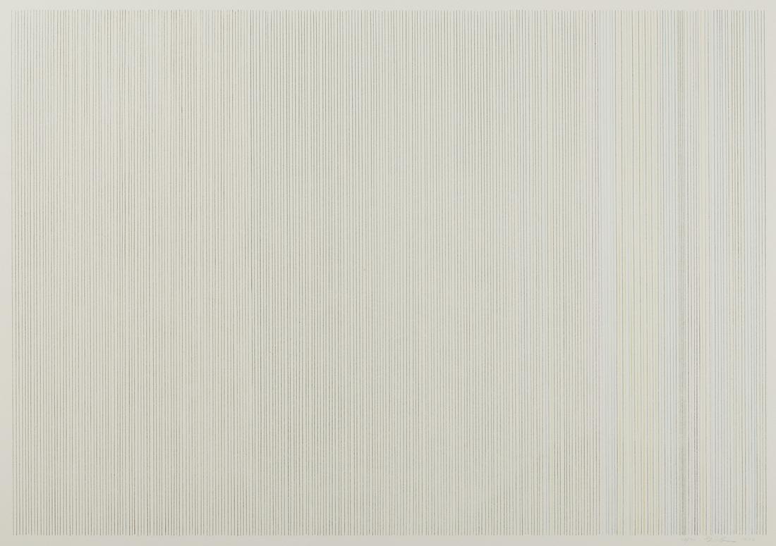 Gene Davis "Narcissus" Color Lithograph: Gene Davis (1920-1985). Color lithograph on paper titled "Narcissus" depicting numerous, closely-arranged, fine lines of various colors. Numbered 50/75, signed, and dated 1973 along the lowe