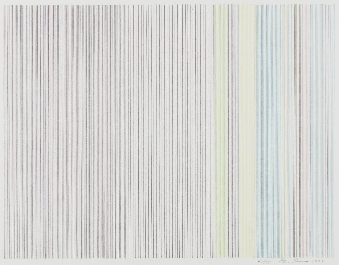 Gene Davis "Three Aces" Color Lithograph: Gene Davis (1920-1985). Color lithograph on paper titled "Three Aces," depicting closely-arranged, fine, pastel-colored lines. Numbered 46/75, signed, and dated 1973 along the lower right. P