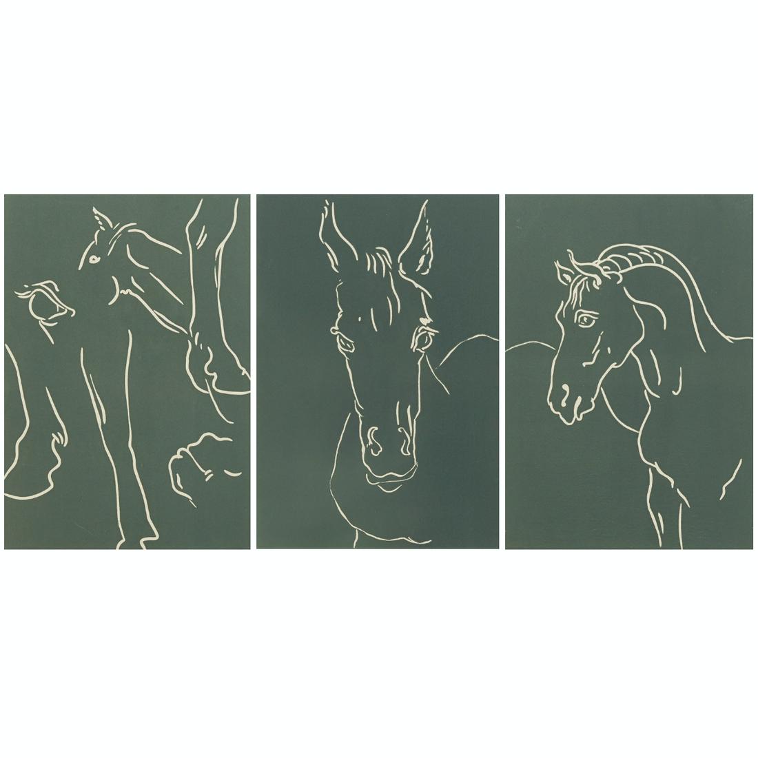 Grp: 3 Barry Flanagan Linocuts: Barry Flanagan (1941-2009). Group of three linocuts depicting horses in a green background. Comprised of "Welsh Lights," 1983, ed. 7/30; "Ganymede," 1983, ed. 7/50; "Welsh Cob