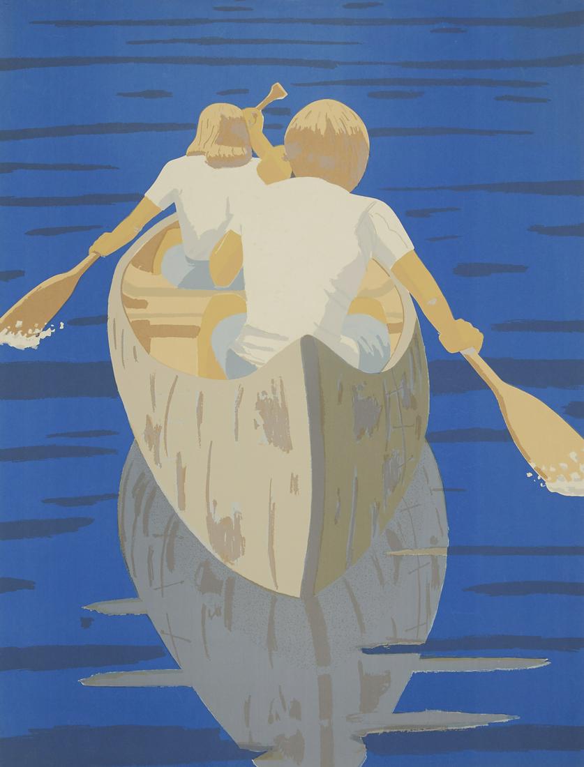 Alex Katz "Good Morning" Screenprint 1975: Alex Katz (b. 1927). Color screenprint on Arches paper titled "Good Morning" featuring figures on a boat. Published by Brooke Alexander, Inc. and Marlborough Graphics, Inc., New York. Signed