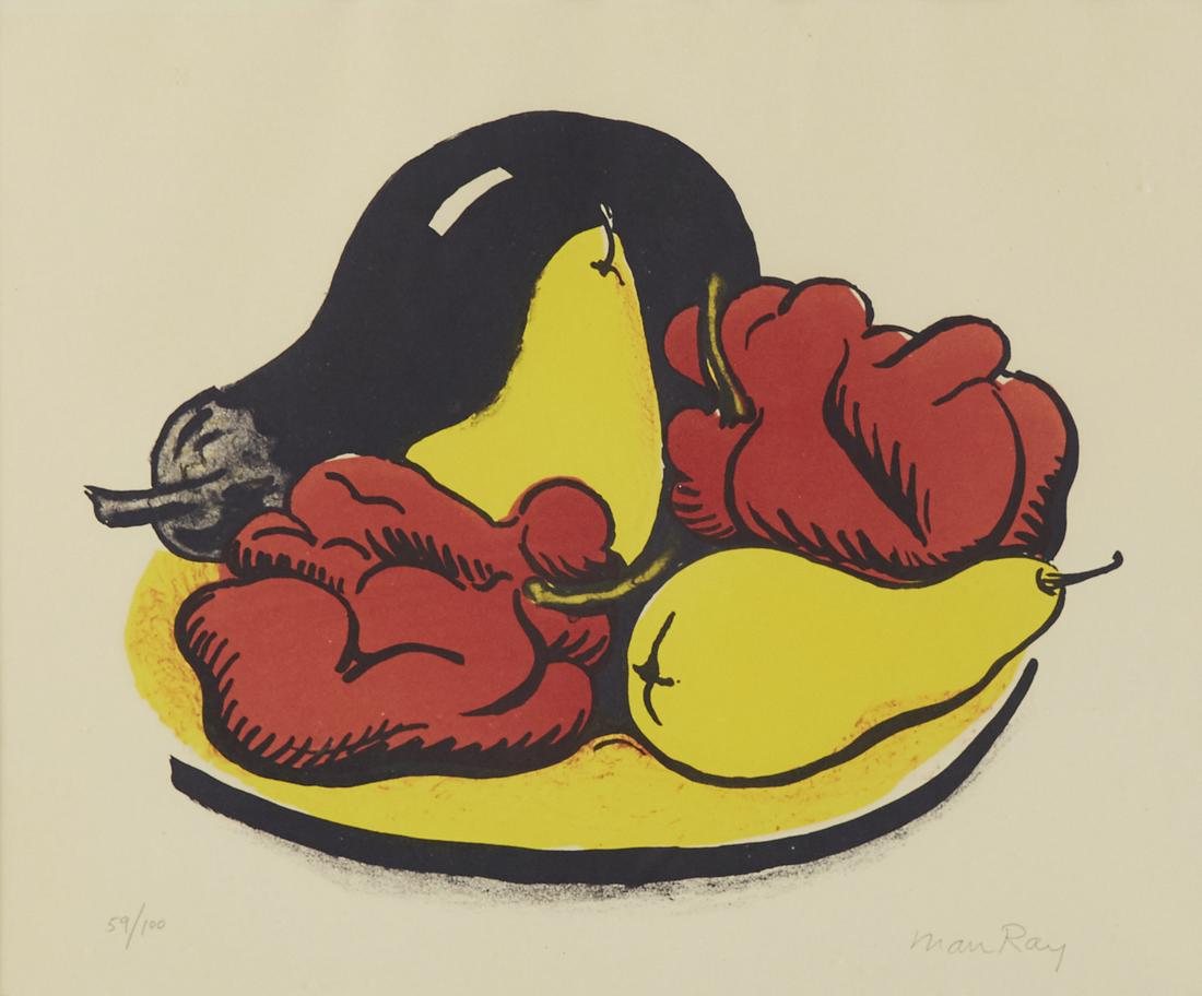 Man Ray Still Life Lithograph: Man Ray (1890-1976). Color lithograph on paper depicting a still life of fruits and vegetables in bold colors. Pencil signed along the lower right and numbered 59/100 along the lower left. Provenance: