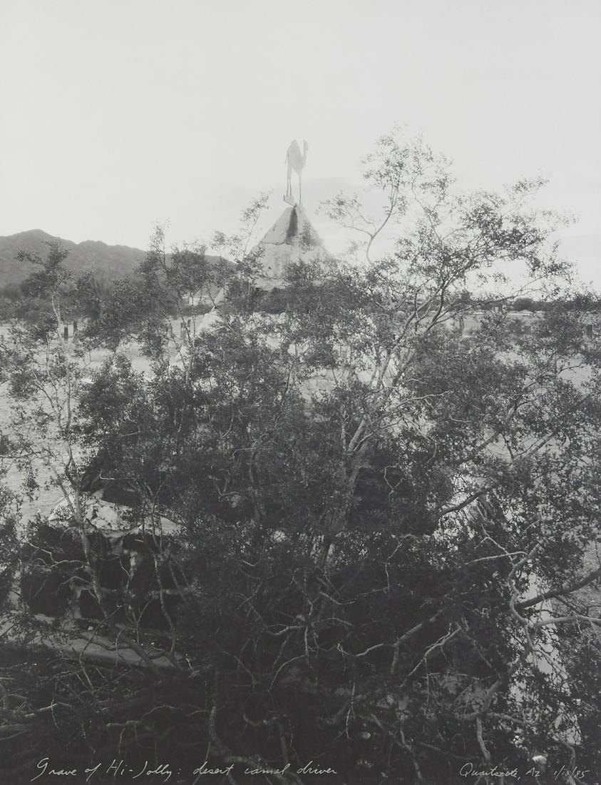 Mark Klett "Grave of Hi-Jolly" Photograph: Mark Klett (b. 1952). Silver gelatin print photograph titled "Grave of Hi-Jolly: Desert Camel Driver," depicting the gravesite of Hadji Ali, nicknamed Hi Jolly, in Quartzsite, Arizona, USA.