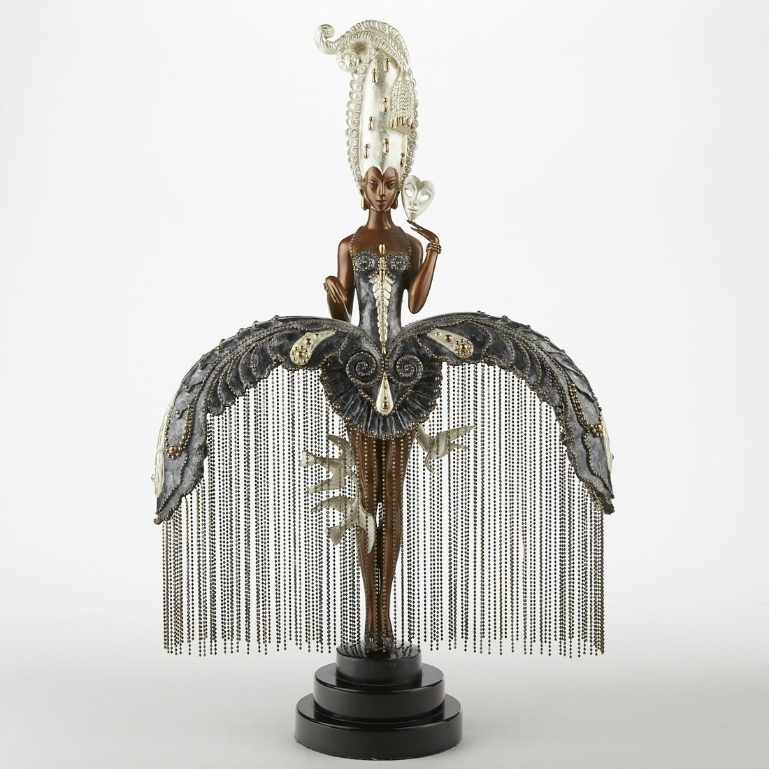 Erte Polychrome Bronze Sculpture "Her Secret Admirers": Erte (1892-1990). Cold painted bronze sculpture titled "Her Secret Admirers," 1990. Signed, dated, numbered 142/375 along the base; further impressed with the foundry mark and "Chalk &