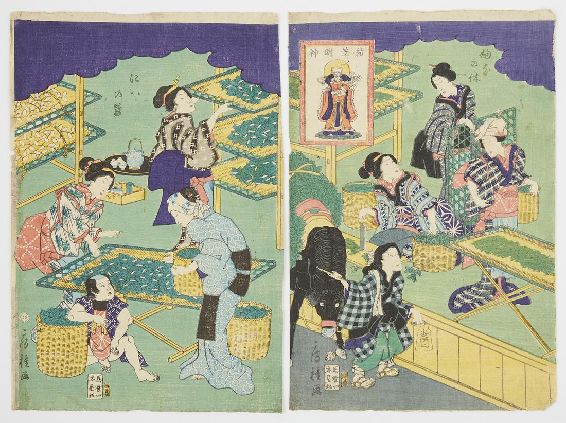 Pair of Japanese Woodblock Prints Silk Making: Two sheets of a Japanese woodblock print triptych depicting sericulture, comprised of women feeding mulberry leaves to silkworms and separating the silk cocoons. Keyword: Ukiyo-eEach print; height: 14