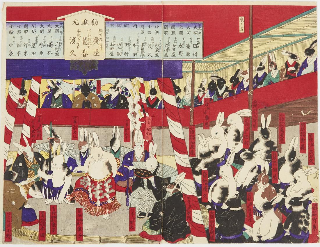 Pair of Utagawa Yoshifuji Sumo Usagi Rabbit Woodblock: Utagawa Yoshifuji (1828-1887). Two sheets of a woodblock print triptych depicting sumo rabbits, or usagi, in the ring and as bystanders. Yoshifuji was a follower of Utagawa Kuniyoshi (1798-1861) who w