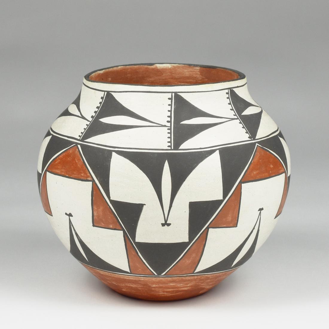 Grace Chino Acoma Pueblo Pot: Grace Chino (American (Acoma Pueblo), 1929-1994). Pottery jar with geometric decoration in black and red. Signed and inscribed "Acoma, N.Mex." along the underside. Height: 7 in x diameter: 8