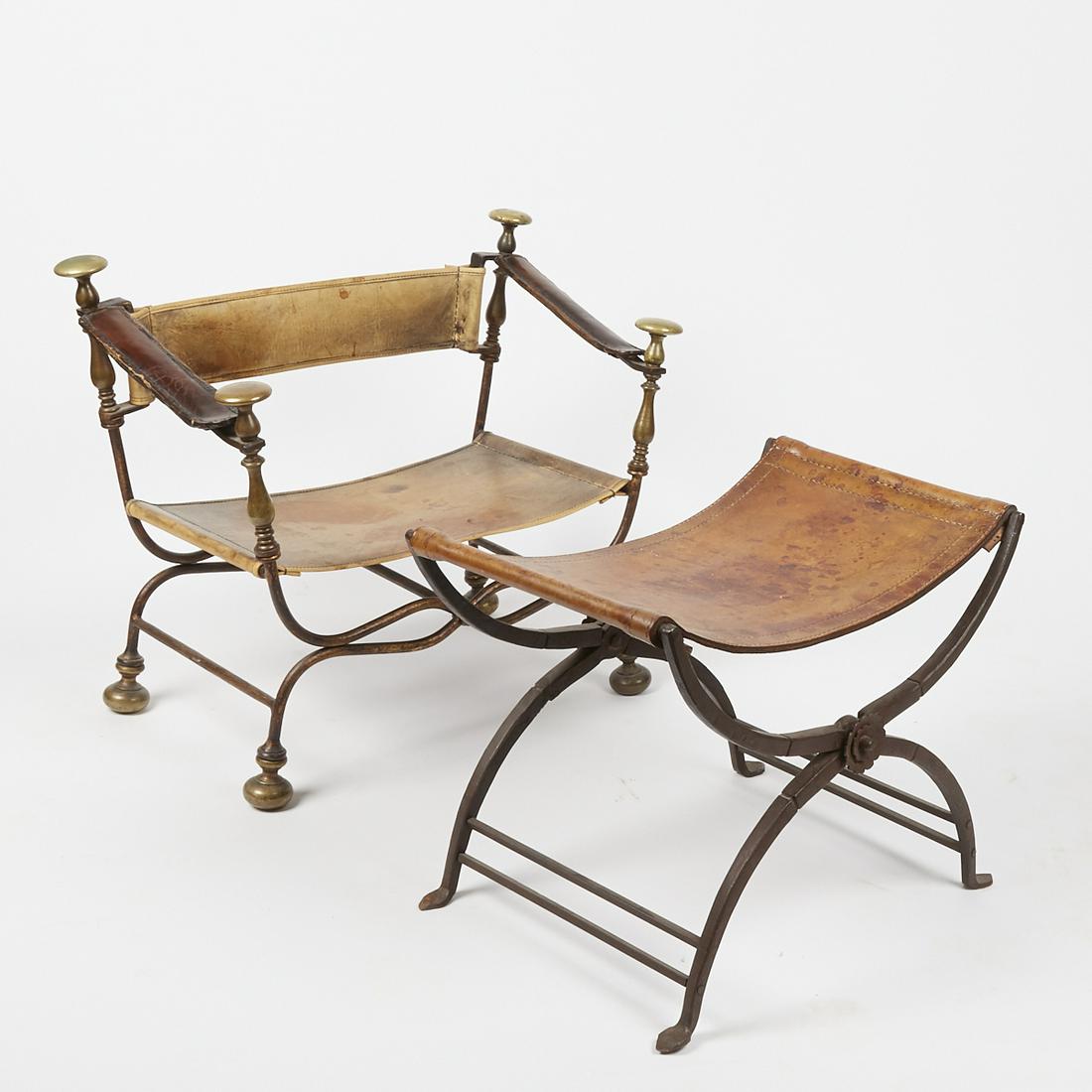 19th Century Italian Baroque Style Folding Chair &: 19th Century Italian Baroque style leather folding chair and ottoman. Leather has been replaced on the folding chair's seat and backing with factory manufactured stitching. Chair; height: 25 1/2 in x 