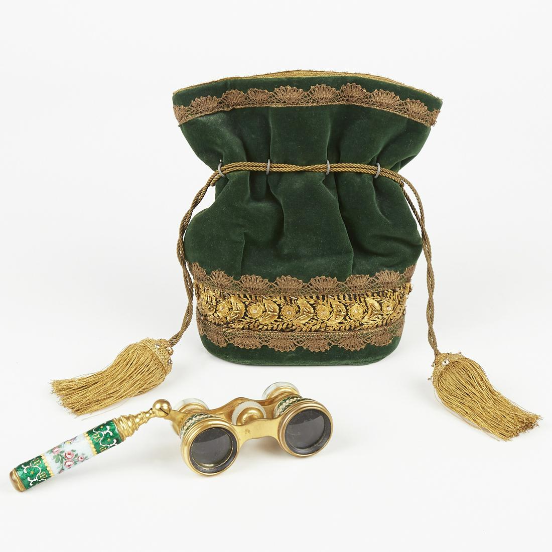 Chavance and Co Paris Enameled Opera Glasses with Bag: Chavance and Co., Paris. Opera glasses or theatre binoculars featuring lovely floral enamel decoration, with mother of pearl accents. Marked "Chavance & Co., Paris" along the rim of one lens