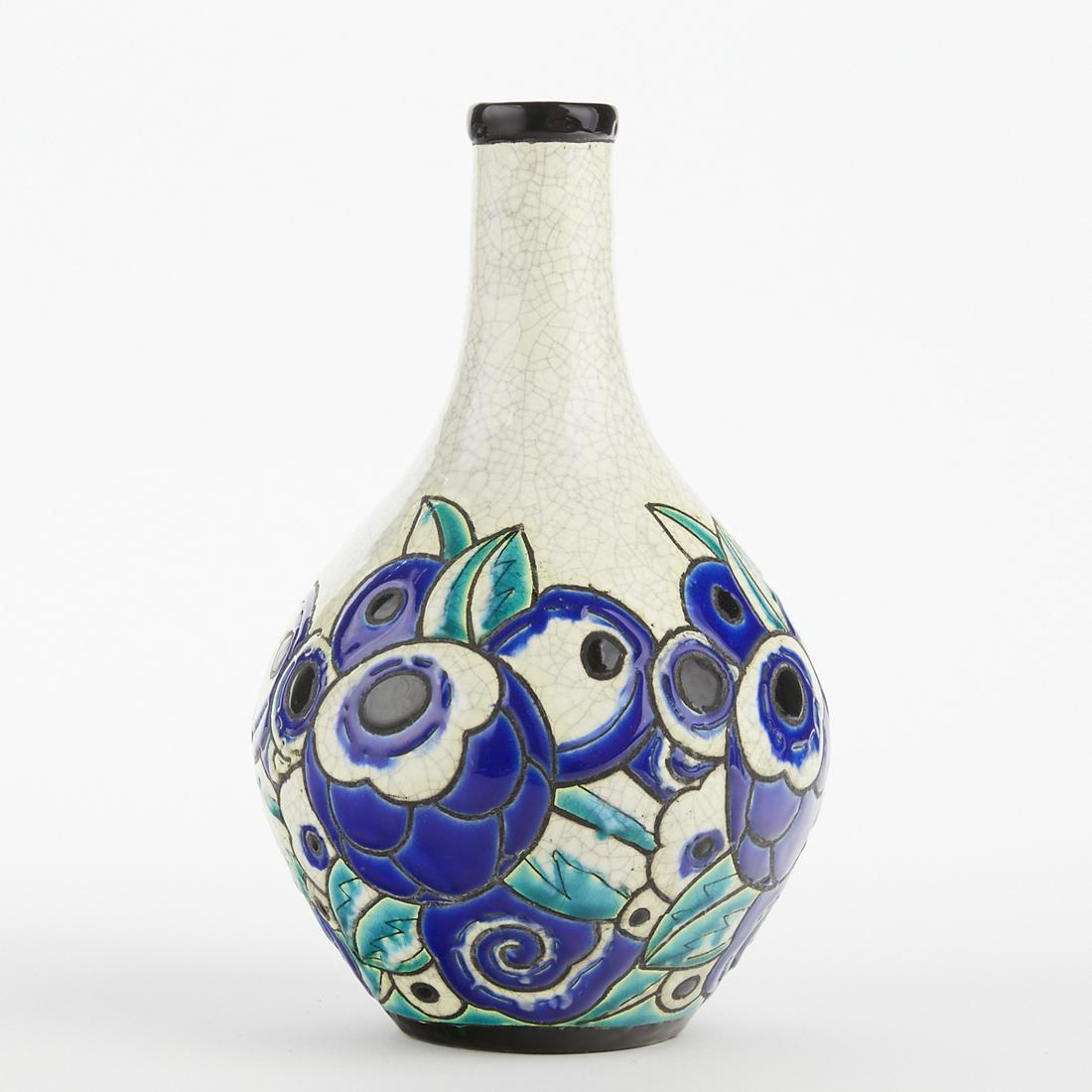 Boch Freres Ceramic Bottle Vase: Charles Chatteau (19th/20th c.) for Boch Freres, Belgium. Ceramic bottle vase with brightly glazed flowers around the body. Impressed 958" and inscribed "D. 1077" and the letter A twice