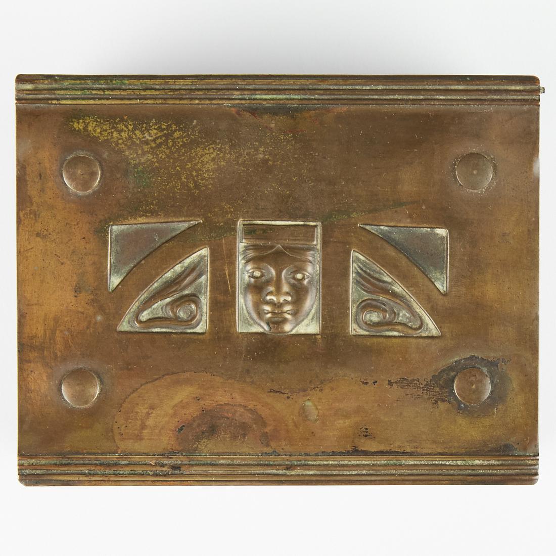 Karl Deffner Art Nouveau Brass Box: Karl (Carl) Deffner (1817-1877). Art Nouveau Secessionist brass and wood box with a relief of a woman along the lid. Marked "Germany" along the underside. Height: 2 3/8 in x 5 3/8 width: in 