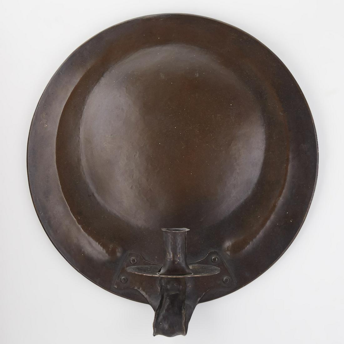Arts & Crafts Hand Wrought Copper Candle Wall Sconce: Arts & Crafts hand wrought copper wall sconce with a lovely riveted candle holder. Height: 12 in x width: 4 7/8 in.