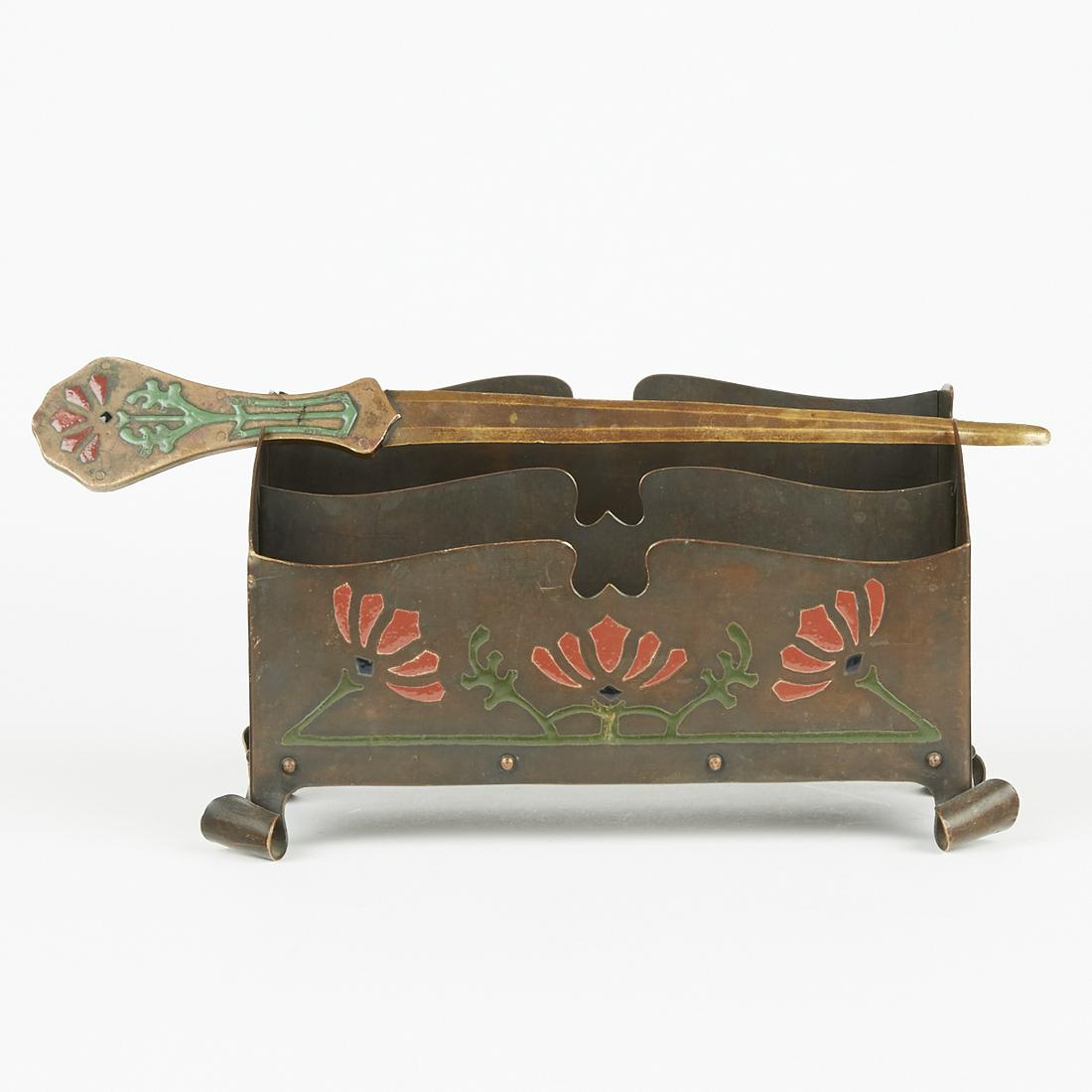 Art Crafts Shop Early 20th c Enameled Copper Letter: Art Crafts Shop, Buffalo, New York, USA. Early 20th century enameled copper letter holder and opener. Decorated with green and red enamel floral accents. Marked "The Art Crafts Shop Buffalo, N.Y.