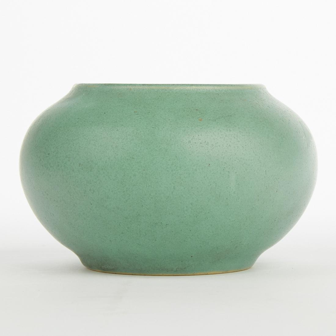 Denver White Pottery Matte Green Glazed Pot: Denver White Pottery pot with matte green glaze ca. 1910s-1920s. Incised mark "W. Denver" along the underside. Height: 4 in x diameter: 6 1/4 in.