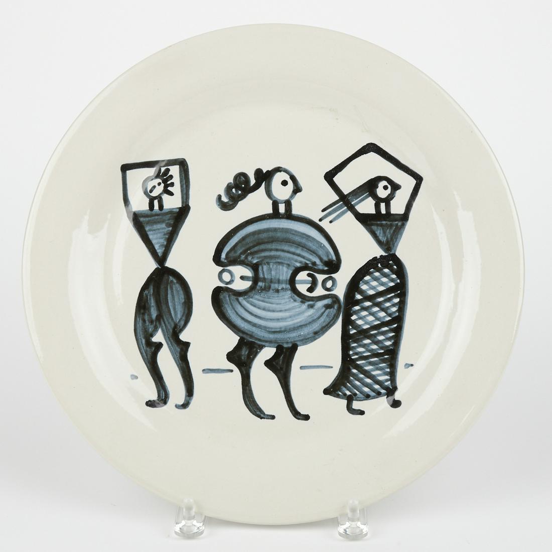 Mary Alice Hadley Dancers 1957 Pottery Charger Plate: Mary Alice Hadley (1911-1965). Pottery charger or platter decorated with three geometric dancing women. Signed and dated 10-3-57 along the verso. Height: 1 1/4 in x diamter: 13 1/2 in.