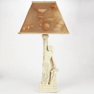 Fritz Albert Northwestern Norweta Terracotta Lamp: Fritz Wilhelm Albert (1865Ã±1940) for Northwestern Terra Cotta Company (Norweta), Chicago, USA. Prairie School Arts & Crafts Era lamp base depicting a woman, possibly Athena, with an owl. With a sha