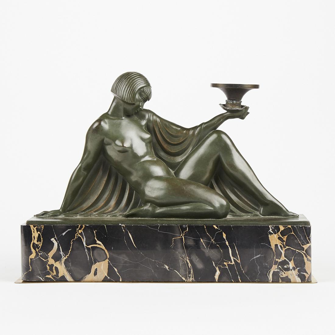 Raymonde Guerbe French Bronze Nude Lamp: Raymonde Guerbe (1894-1995). French Art Deco bronze lamp base in the form of a reclining nude woman. On a marble base. Signed along the base of the bronze. Height: 10 1/4 in x width: 14 1/4 in x depth