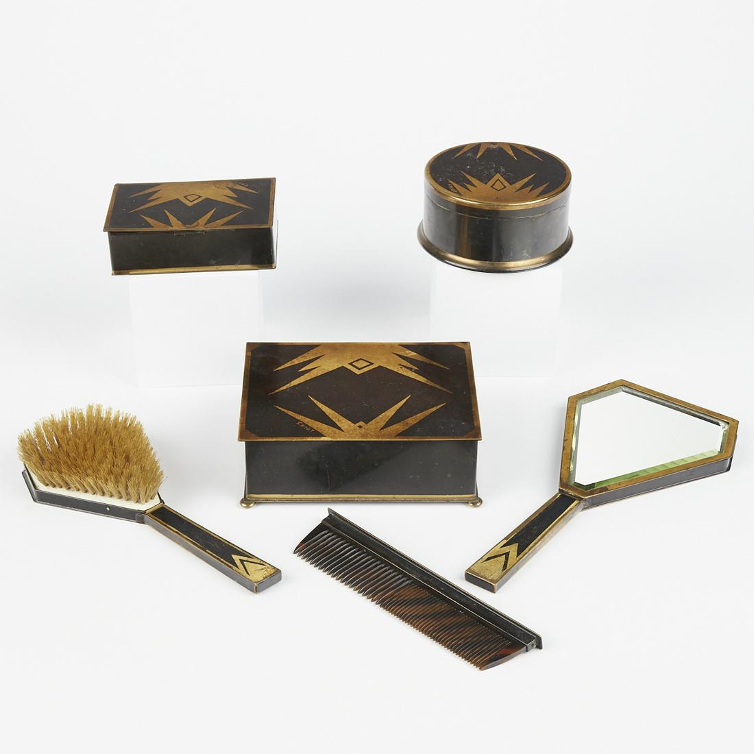 6 Pc French Art Deco Vanity Dresser Set - Signed: Six piece French Art Deco vanity dresser set, consisting of one brush, one comb, three boxes, and one hand mirror. Signed "F. Arot" and inscribed "L'Art Decor" Brush; height: 9 1/4