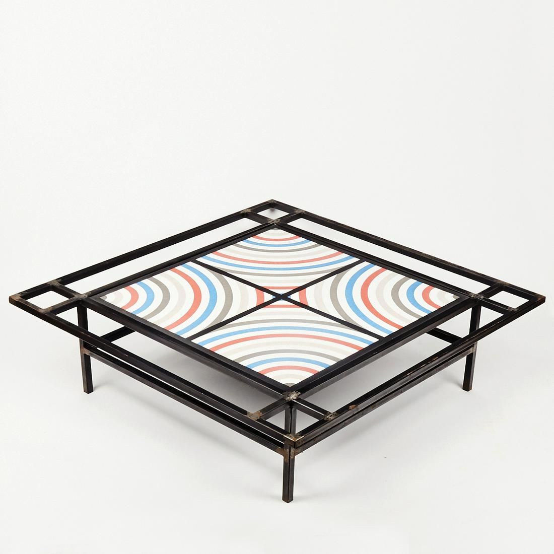Sol LeWitt Table Series #4: Sol LeWitt (1928-2007). Steel patio or coffee table in a geometric pattern with a center plaque depicting LeWitt's iconic concentric semi-circle design in hues of red, blue, and gray. Provenance: AD G