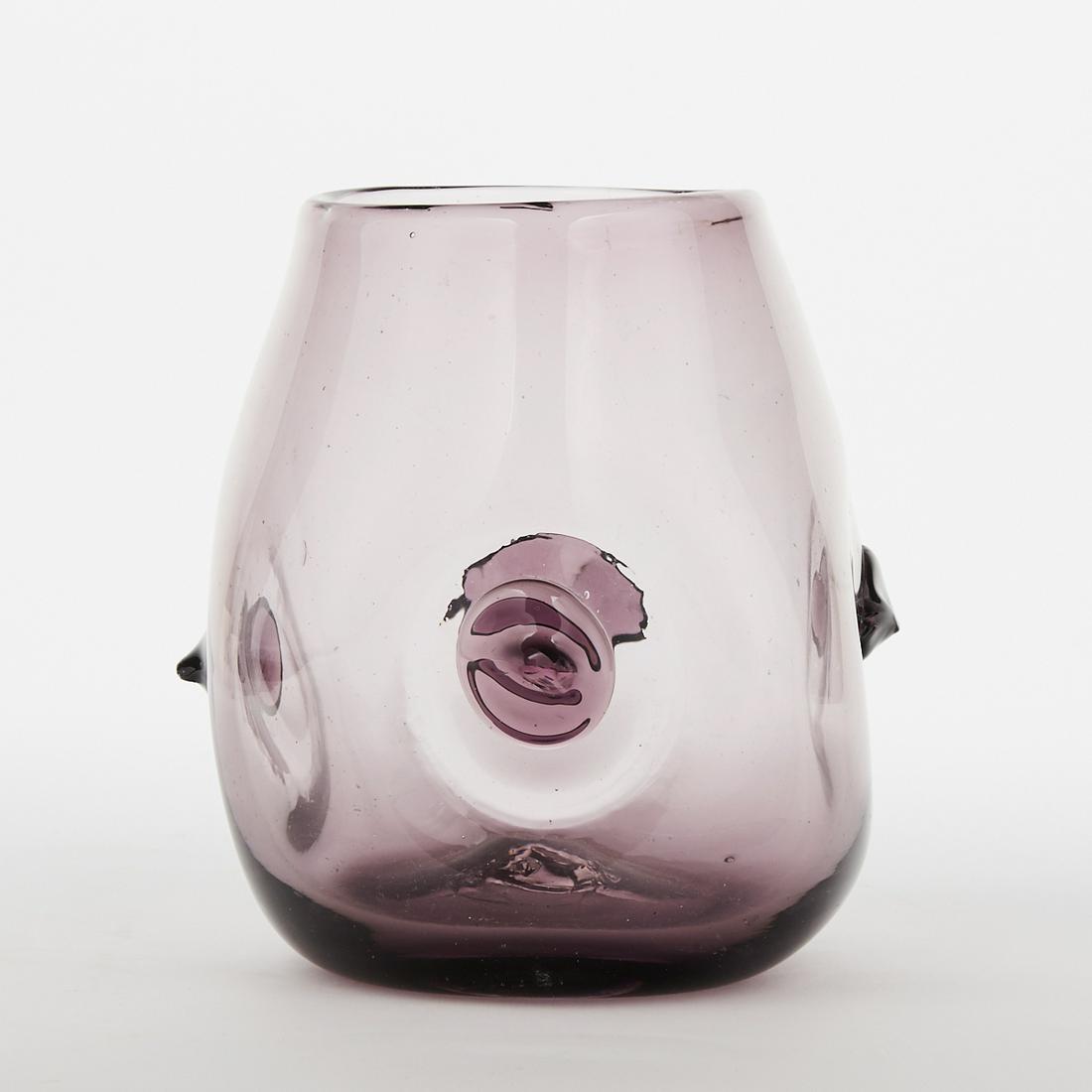 Blenko Hand Made Amethyst Glass Vase 1958-61: Blenko handmade amethyst glass vase. Sandblasted early mark. Height: 7 in x diameter: 6 1/2 in.