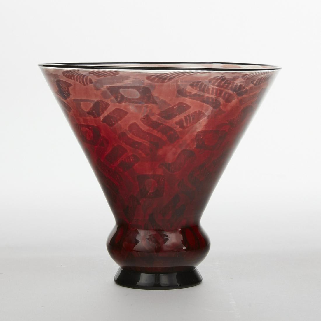 Edward Hald & Knut Bergqvist Orrefors Graal Glass Vase: Edward Hald (1883-1980) & Knut Bergqvist (1873-1953) for Orrefors, Sweden. Graal glass footed vase decorated with abstract shapes in hues of burgundy. Marked "SGraal Orrefors," dated 1928, a